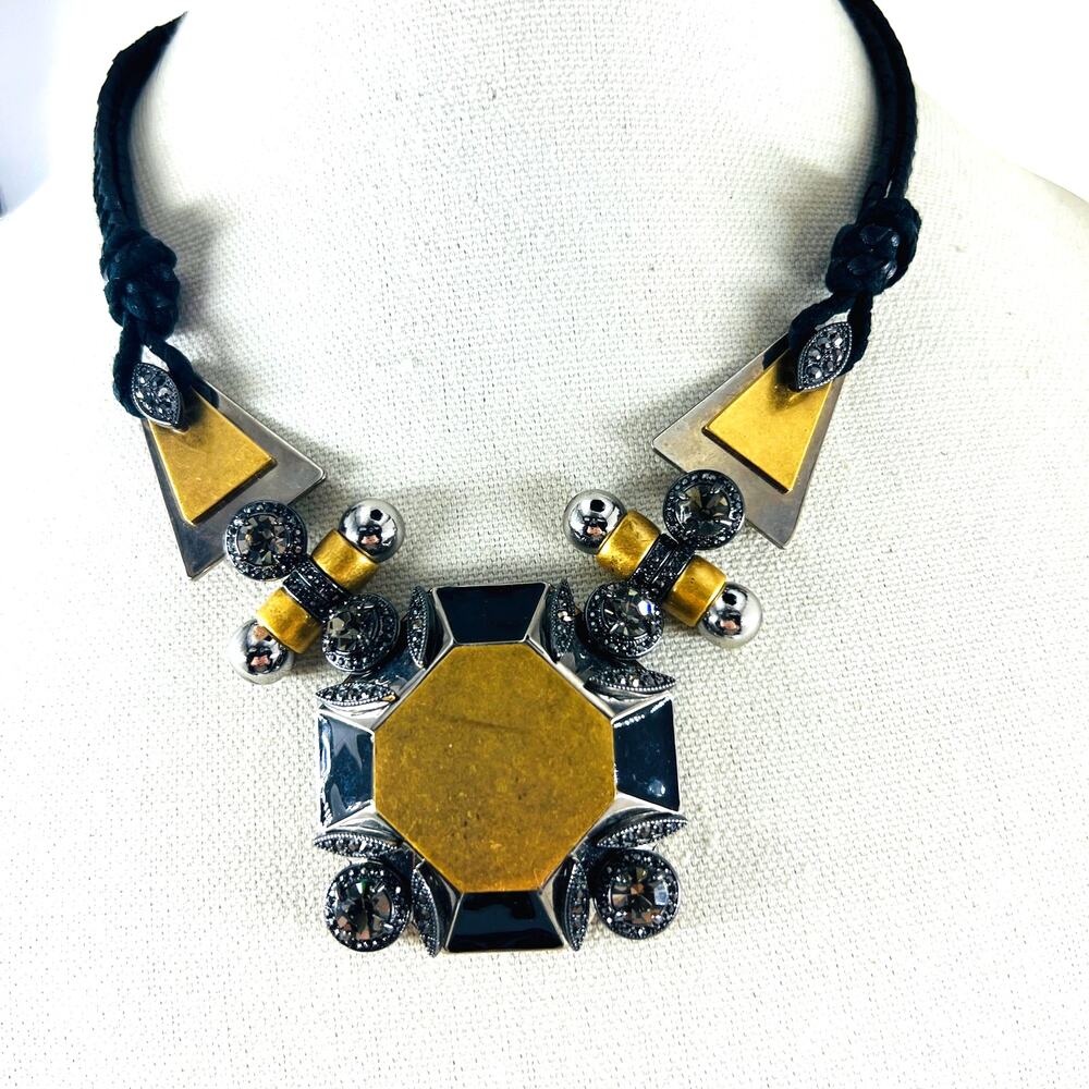 I. Crew Mixed Metal Geometric Statement Necklace Crystal Bib Gold Silver Tone